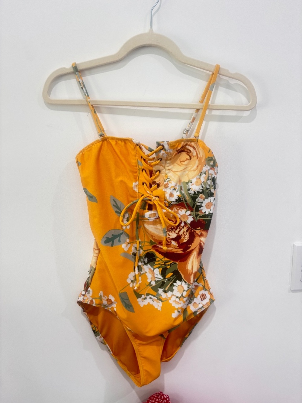 Albion Fit Natalie One Piece Swimsuit Small Yellow Floral Lace Up Front Swim